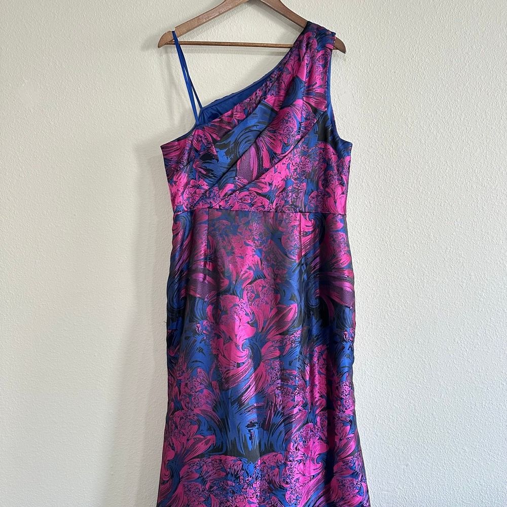 Adrianna Papell Size 20 Blue Pink Brocade Floral Formal Dress One Shoulder - Picture 12 of 13